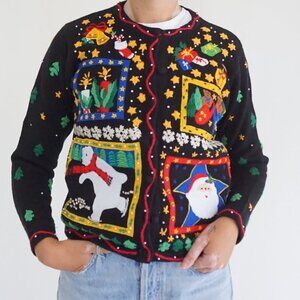 Vintage Studio Black Christmas Patchwork Santa Teddy Stocking Knit Cardigan P/S